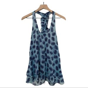 Free bird semi sheer blue print ruffle racerback